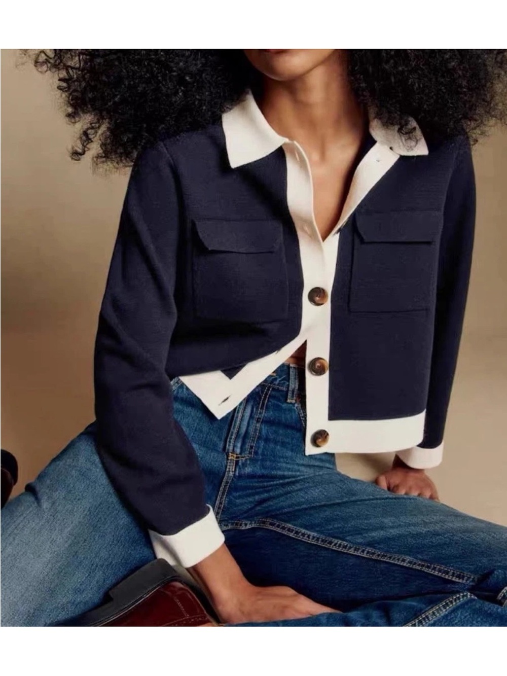 Sezane Betty - M- Navy and White Contrast Cropped Cardigan